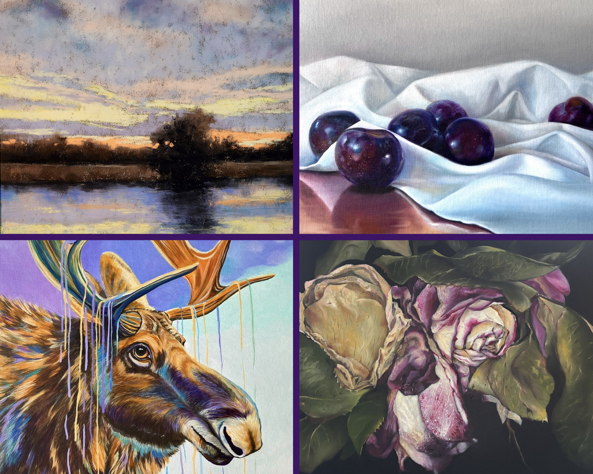 Artwork details, clockwise from upper left: Mary McInnis “West Pond Evening”, Amy Smith “Plums on White Cloth”, Roxana Ferreira “The Quiet Poetry of Time”, Patty Moseley “Idaho Moose”